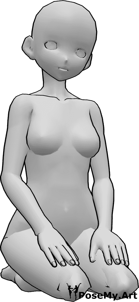 Posen-Referenz- Niedliche sitzende kniende Pose - Anime-Frau kniet, beide Hände auf die Oberschenkel gestützt, Blick nach vorne