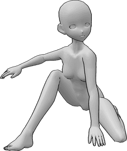 Referencia de poses- Anime aterrizando de rodillas - La mujer anime está aterrizando, apoyada en su rodilla izquierda, tocando el suelo con su mano izquierda