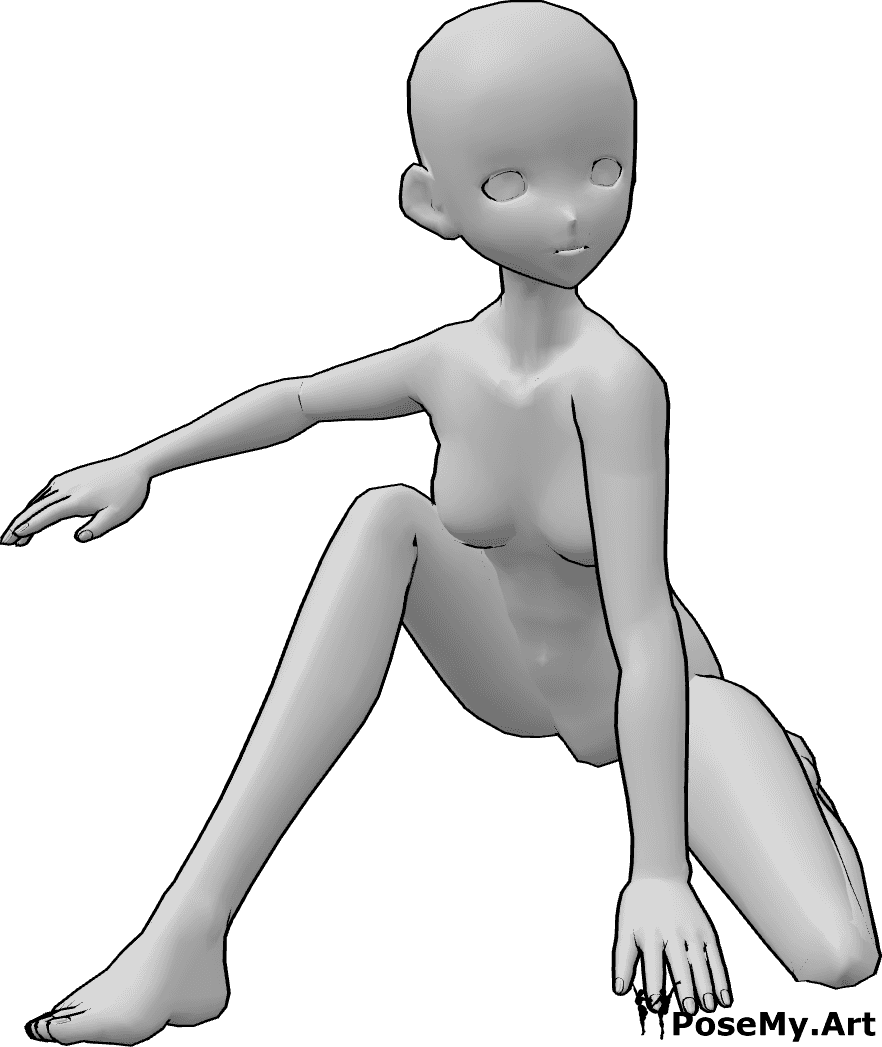 Référence des poses- Pose à genoux pour l'atterrissage d'un film d'animation - La femme anonyme atterrit, s'appuie sur son genou gauche et touche le sol de sa main gauche.