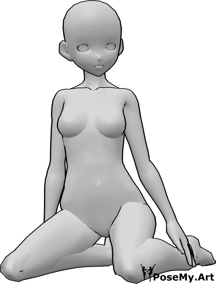 Pose Reference- Anime sitting kneeling pose - Anime female is sitting on her knees, posing, kneeling and looking forward