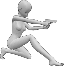 Riferimento alle pose- Posa di mira in ginocchio anonimo - L'attrice è inginocchiata, appoggiata sul ginocchio sinistro e punta la pistola.