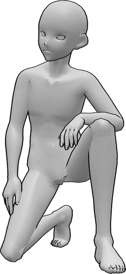 Posen-Referenz- Kniende, aufrechte Pose - Männlicher Anime kniet, stützt sich auf sein rechtes Knie, seine linke Hand liegt auf seinem linken Knie und er schaut nach rechts