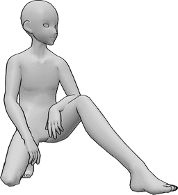 Referencia de poses- Postura anime de rodillas en reposo - Hombre anime arrodillado, apoyado sobre su rodilla derecha, con la pierna izquierda extendida y mirando hacia la izquierda.