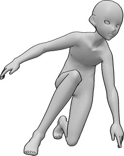 Referência de poses- Pose de aterragem de anime ajoelhado - Homem anime está a aterrar, apoiando-se no joelho esquerdo e equilibrando-se com as mãos