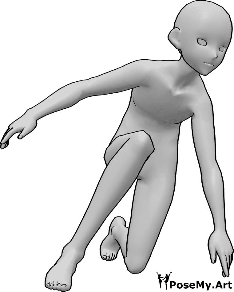 Posen-Referenz- Anime Landung kniend Pose - Anime-Mann landet, stützt sich auf sein linkes Knie und balanciert mit den Händen