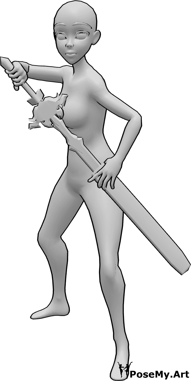 Référence des poses- Pose d'un fourreau d'épée d'anime - Une femme d'animation tire son épée de son fourreau pose