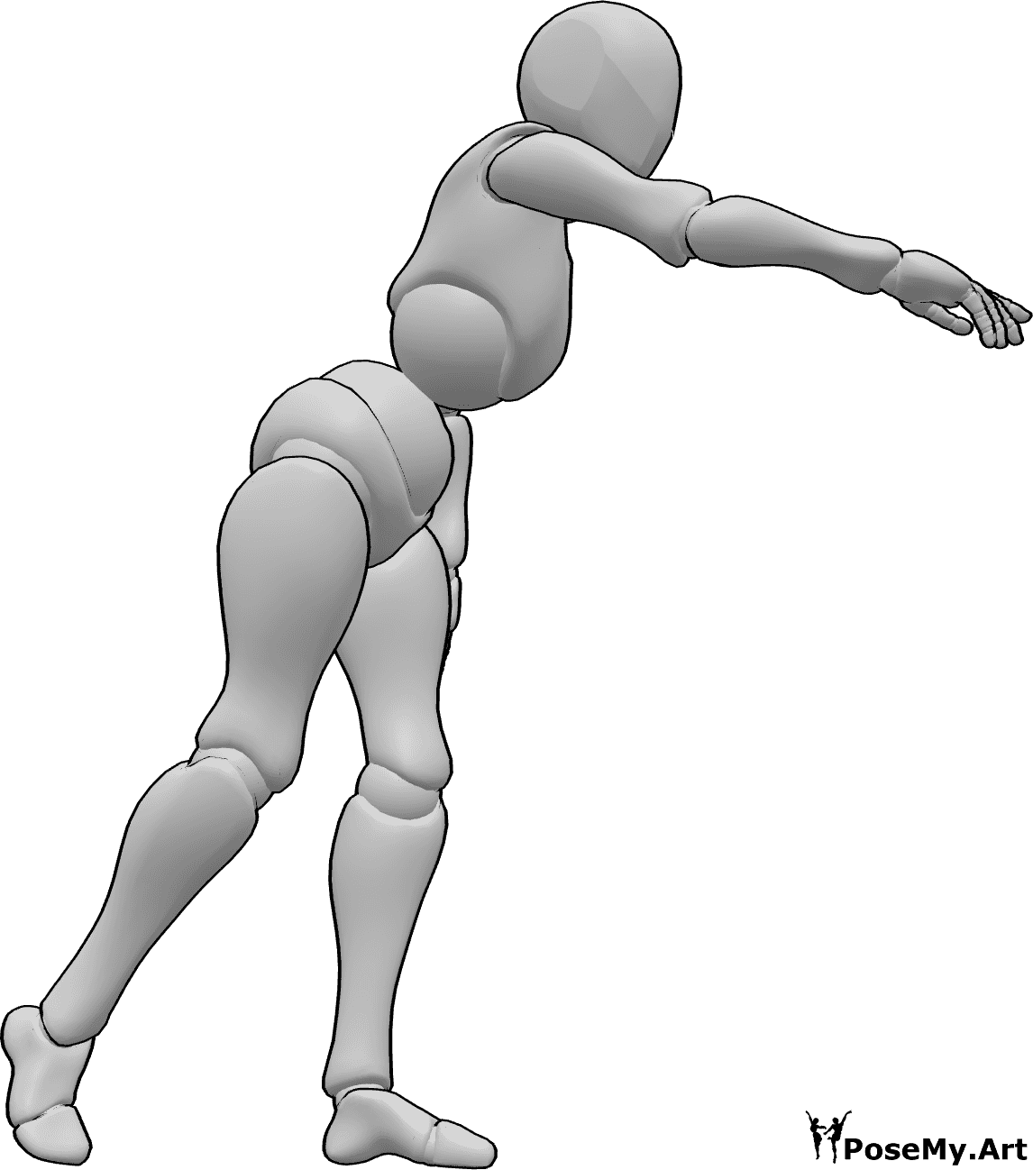 Referencia de poses- Postura a la altura de la cintura - Una mujer coge algo a la altura de la cintura, se inclina hacia delante y extiende la mano derecha.