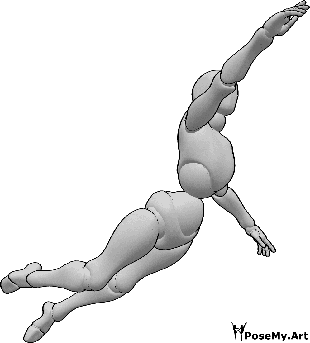 Referência de poses- Pose de alcance voador - A fêmea está a voar e a estender a mão direita para alcançar algo