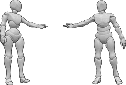 Riferimento alle pose- Posa femminile maschile di raggiungimento - La donna e l'uomo sono in piedi, si guardano e si tendono la mano.