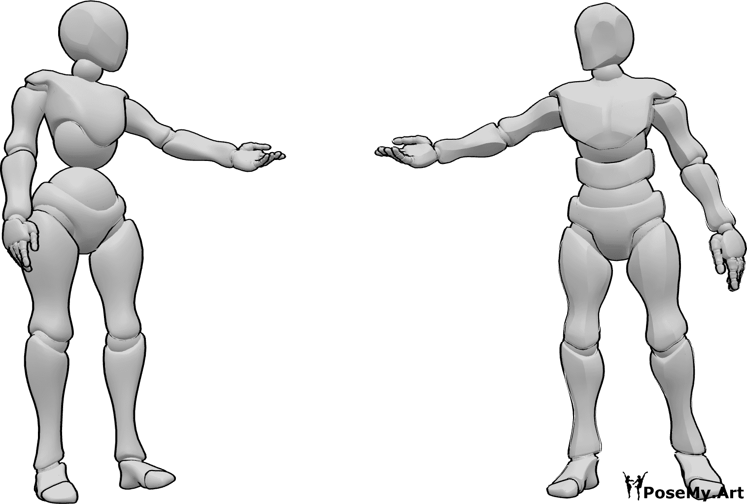 Pose Reference- Female male reaching pose - Female and male are standing, looking at each other and extending their hands to each other