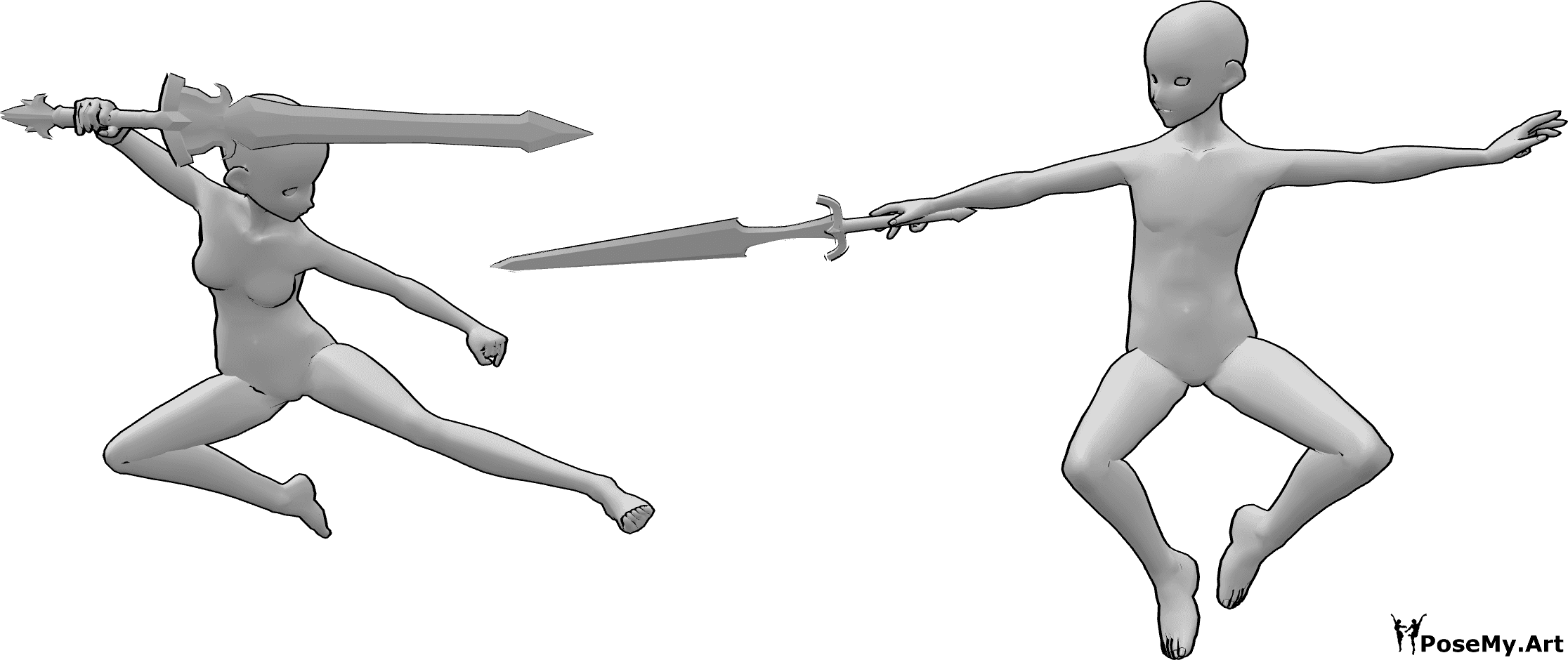 Referência de poses- Pose de luta aérea de anime - Uma mulher e um homem de anime estão a lutar no ar com uma pose de espadas