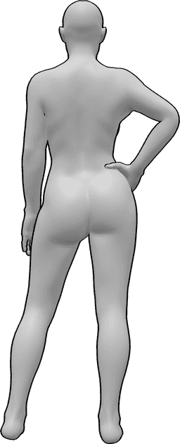 Referência de poses- Pose feminina em pé - A mulher está de pé com a mão direita na anca e a olhar para a frente