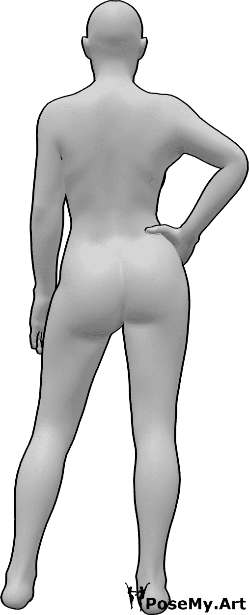 Référence des poses- Femme debout - La femme est debout, la main droite sur la hanche et regarde vers l'avant.