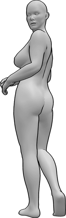 Riferimento alle pose- Posa femminile di spalle - La donna è in piedi e si guarda indietro, guardando sopra la spalla sinistra
