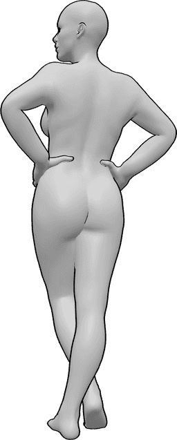 Référence des poses- Femme mains hanches pose - La femme est debout, les jambes croisées, les mains sur les hanches et regarde vers la gauche.