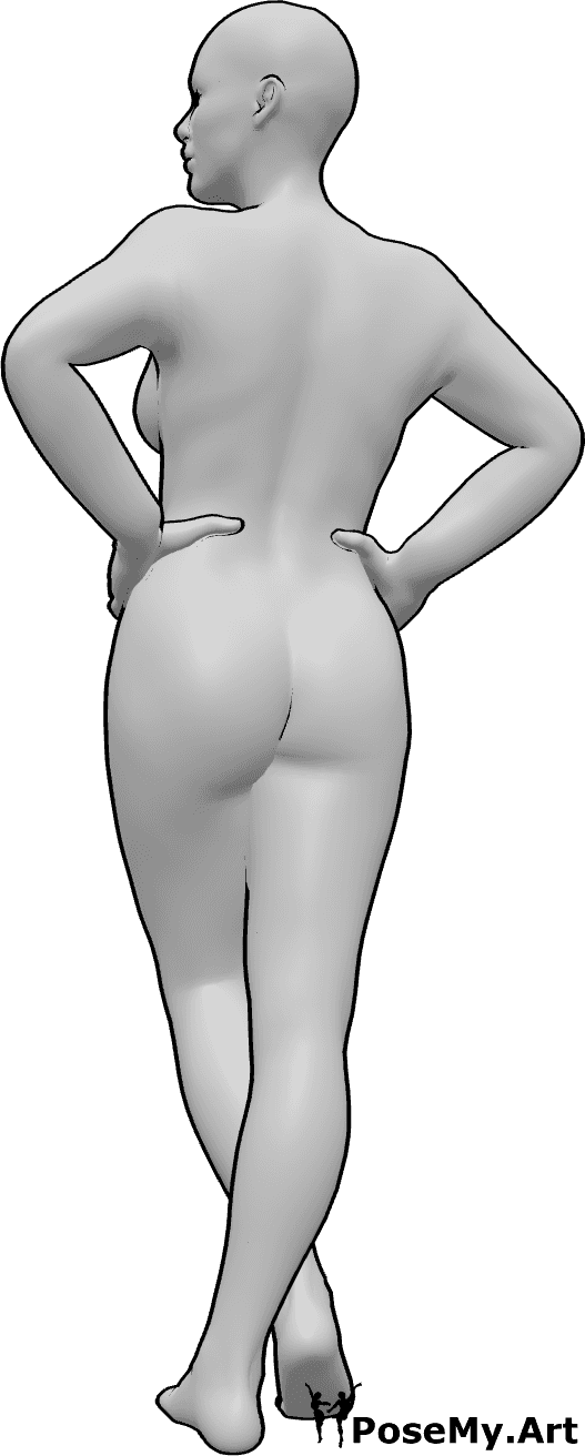 Riferimento alle pose- Posa femminile con le mani sui fianchi - La donna è in piedi con le gambe incrociate, le mani sui fianchi e lo sguardo rivolto a sinistra.