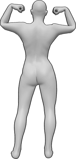 Référence des poses- Posture pour les muscles du dos chez la femme - La femme est debout et montre les muscles de ses bras et de son dos.