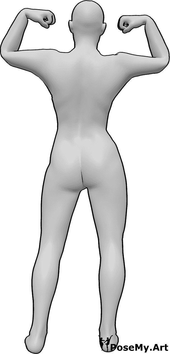 Referencia de poses- Postura del músculo de la espalda femenina - La mujer está de pie y muestra los músculos de los brazos y la espalda