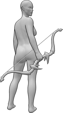 Posen-Referenz- Frau in Bogenhaltung - Frau steht, hält einen Bogen in der rechten Hand und schaut nach rechts