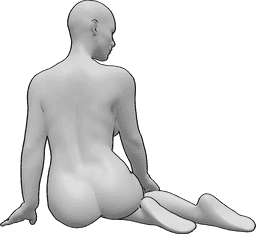Posen-Referenz- Weibliche sitzende kniende Pose - Frau sitzt, kniet und schaut nach rechts, weibliche Rückenzeichnung als Referenz