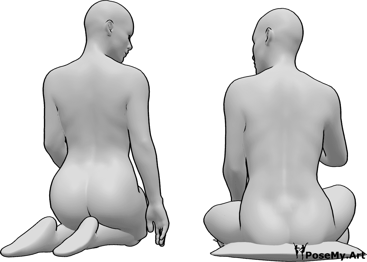 Referencia de poses- Postura sentada femenina - Dos mujeres sentadas, arrodilladas y hablando, mirándose la una a la otra