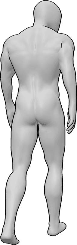 Referência de poses- Pose de caminhada masculina - O homem está a caminhar e a olhar para a direita, referência do desenho das costas do homem