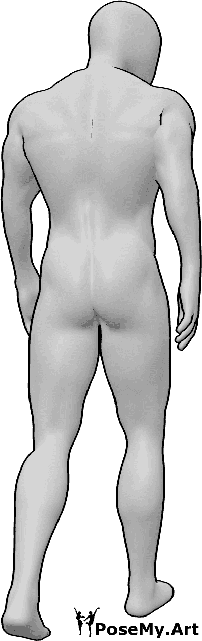 Riferimento alle pose- Posizione di camminata maschile - Uomo che cammina e guarda a destra, disegno posteriore maschile di riferimento