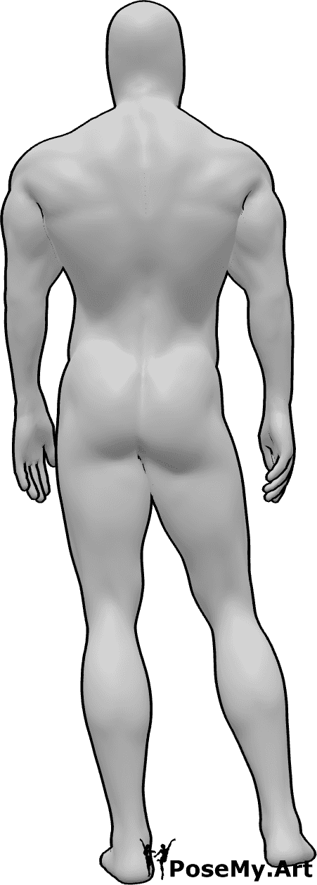 Référence des poses- Homme debout - L'homme se tient debout de manière décontractée et regarde devant lui, référence au dessin de dos de l'homme