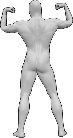 Referência de poses- Pose do músculo dorsal masculino - O homem está de pé e mostra os músculos dos braços e das costas