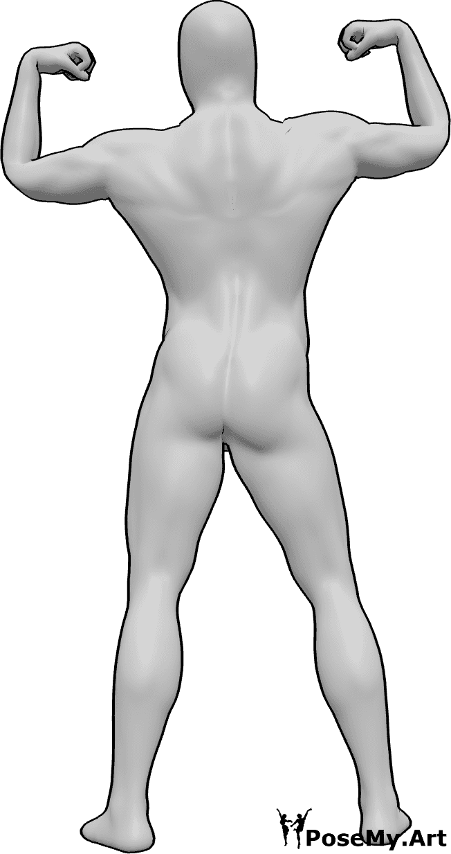 Referência de poses- Pose do músculo dorsal masculino - O homem está de pé e mostra os músculos dos braços e das costas