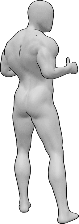 Riferimento alle pose- Posa maschile del pollice in su - L'uomo è in piedi, si gira leggermente all'indietro e mostra il pollice in su.