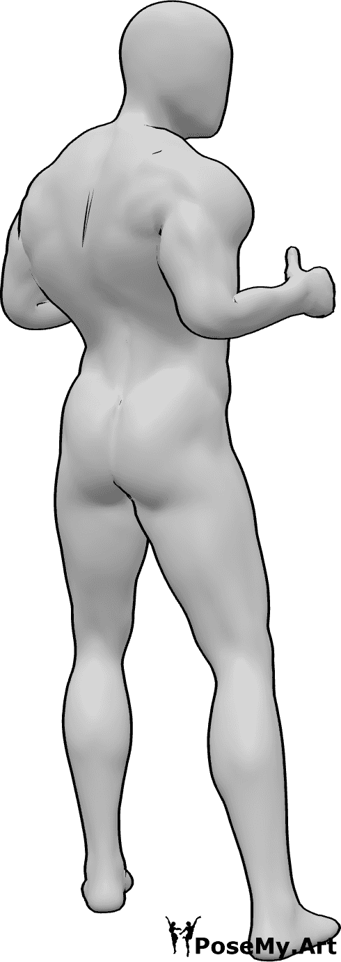 Référence des poses- Pose de l'homme au pouce levé - L'homme est debout, se tourne légèrement vers l'arrière et lève le pouce.