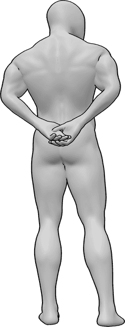 Referencia de poses- Postura masculina con las manos entrelazadas - Varón de pie con las manos entrelazadas a la espalda y mirando a la derecha.