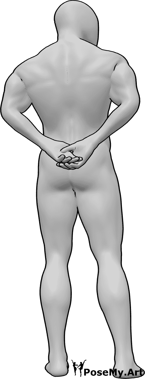 Posen-Referenz- Männliche Pose mit verschränkten Händen - Mann steht mit auf dem Rücken verschränkten Händen und schaut nach rechts