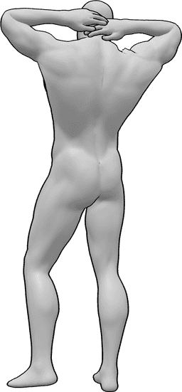 Riferimento alle pose- Posa della schiena maschile - L'uomo è in piedi con le mani giunte dietro la nuca.