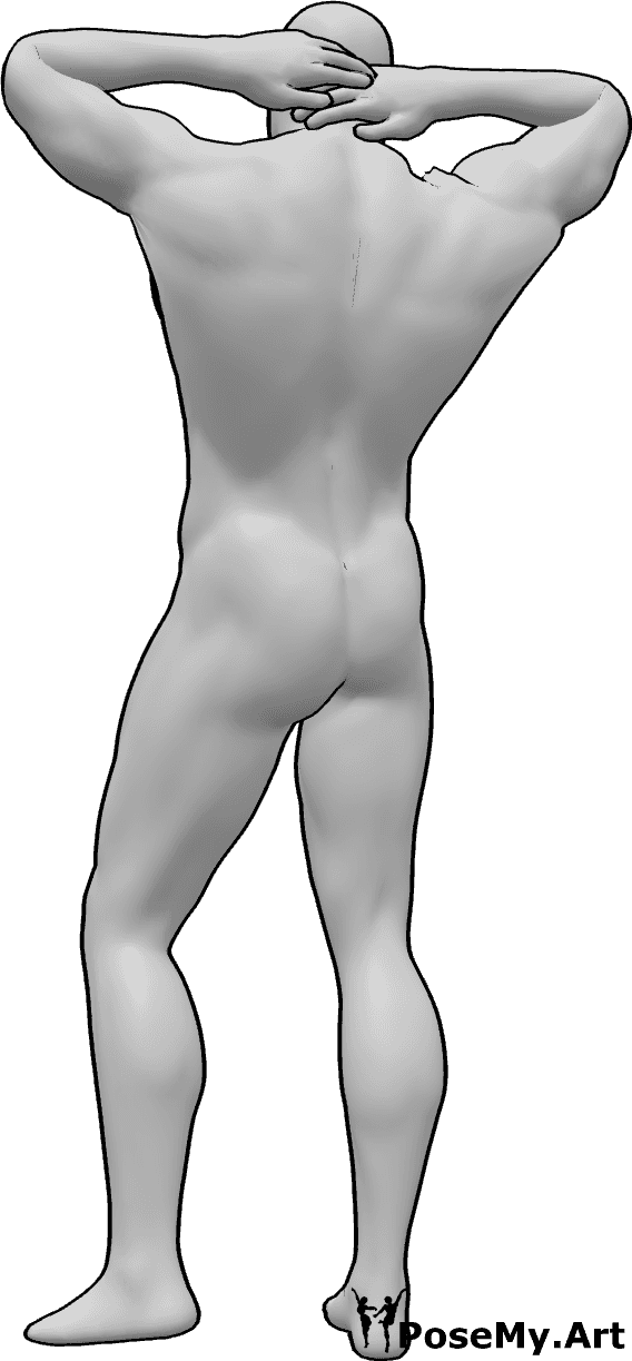 Riferimento alle pose- Posa della schiena maschile - L'uomo è in piedi con le mani giunte dietro la nuca.