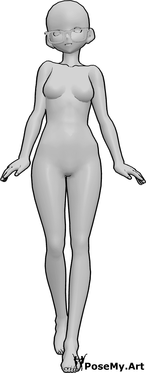 Referência de poses- Pose de pé de óculos de anime - A mulher anime está de pé, encolhe os ombros, olha para a frente, usa óculos