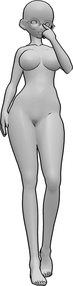 Référence des poses- Anime ajustant la pose des lunettes - Femme d'animation debout, regardant vers l'avant et ajustant ses lunettes