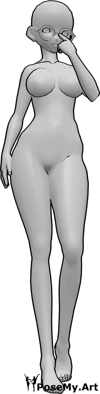 Referencia de poses- Anime ajustando gafas pose - Mujer anime de pie, mirando al frente y ajustándose las gafas