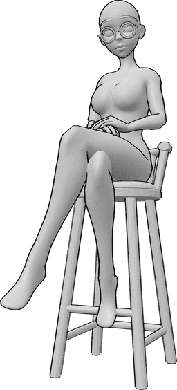 Posen-Referenz- Anime Brille sitzende Pose - Anime-Frau sitzt mit gekreuzten Beinen auf einem Barhocker und trägt eine Brille