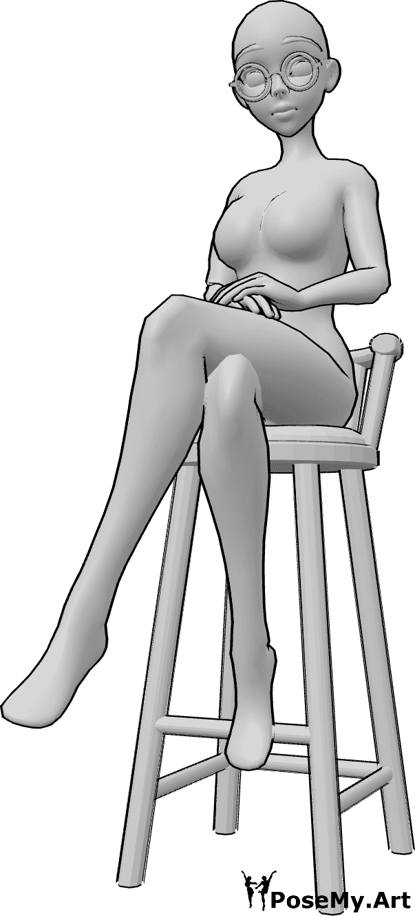 Referencia de poses- Anime gafas sentado pose - Mujer anime está sentada en un taburete de bar con las piernas cruzadas, lleva gafas