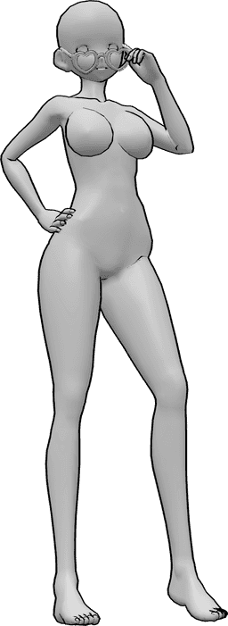 Référence des poses- Pose de lunettes en forme de cœur - Femme d'animation debout, posant, ajustant ses lunettes de la main gauche.
