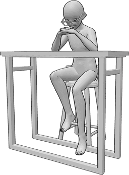Riferimento alle pose- Anime maschio occhiali posa - Uomo anonimo seduto al tavolo, che stringe le mani e pensa, con gli occhiali.