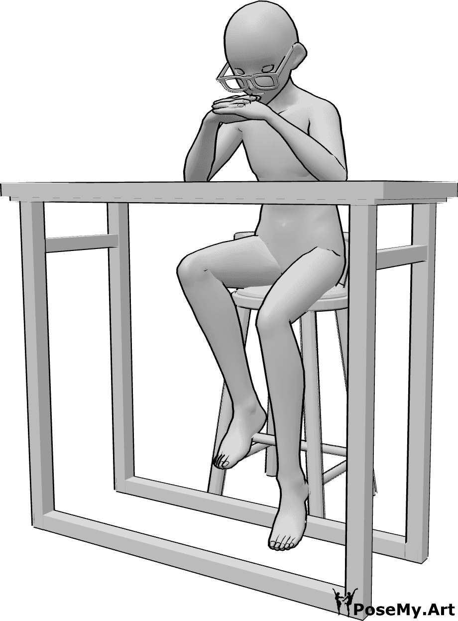Posen-Referenz- Anime männliche Brille Pose - Anime-Männchen sitzt am Tisch, faltet die Hände und denkt nach, trägt eine Brille