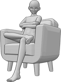Referência de poses- Homem anime sentado em pose - O homem anime está sentado no cadeirão com as pernas e os braços cruzados e usa óculos