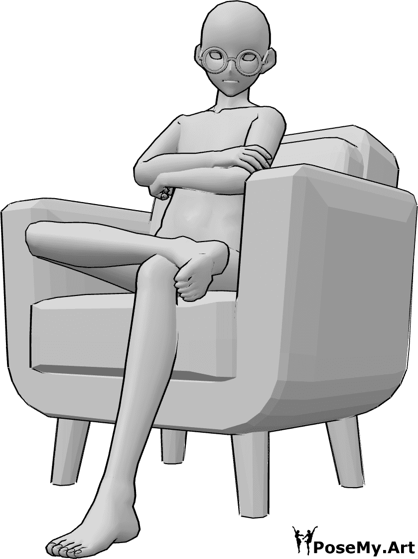 Riferimento alle pose- Anime maschio in posa seduta - Un uomo anonimo è seduto in poltrona con le gambe e le braccia incrociate e indossa gli occhiali.