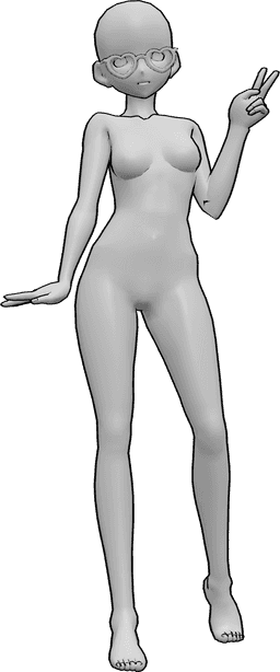 Referência de poses- Pose de óculos de anime gira - Mulher anime de pé e com uma pose gira, mostrando o sinal da paz com a mão esquerda, usando óculos
