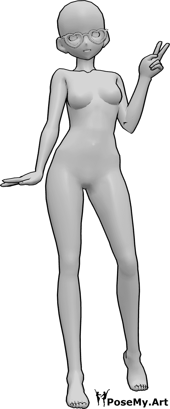 Referencia de poses- Anime lindo gafas pose - Mujer anime está de pie y posando de forma simpática, mostrando el signo de la paz con la mano izquierda, lleva gafas