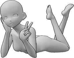 Posen-Referenz- Anime liegende Friedenspose - Anime-Frau legt sich hin und zeigt mit ihrer linken Hand ein Friedenszeichen