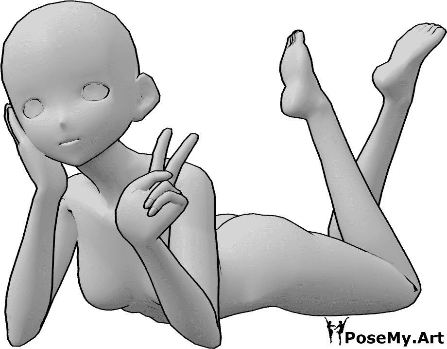 Referência de poses- Anime deitado em pose de paz - A mulher anime está deitada e mostra um sinal de paz com a mão esquerda